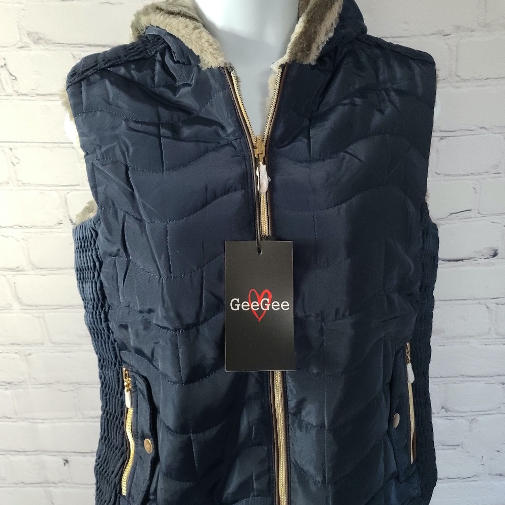 Gee Gee Hooded Reversible Faux Fur Vest Blue